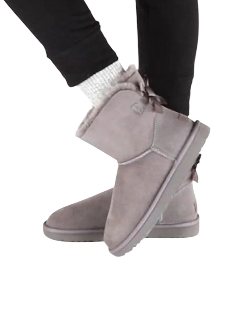 UGG Mini Bailey Light Gray Satin Bow Shearling Boots - 7